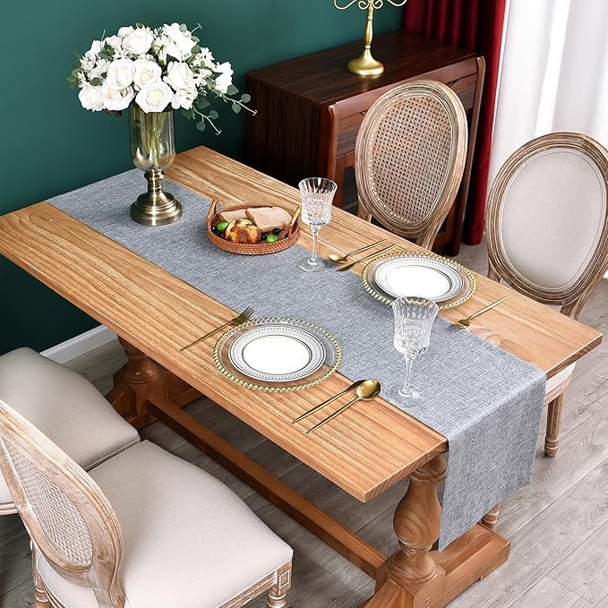 NEWISHER Farmhouse Rustic Table Runner Solid Grey Rectangular Table Runners Faux Linen Table Runner for Everyday Use Kitchen Dining Party Table 13x60 Inch