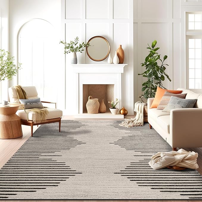 Rugshop Bohemian Stripe Stain Resistant High Traffic Living Room Kitchen Bedroom Dining Home Office Area Rug 8' 8" x 12' Cream