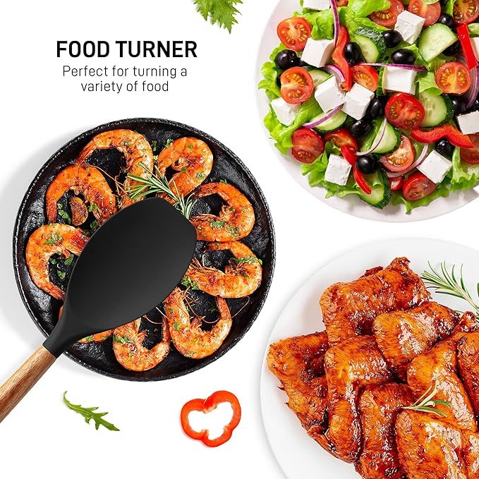 Zulay Kitchen Non-Stick Cooking Utensils Set with Authentic Acacia Wood Handles – 5-Piece Durable & Stylish Silicone Kitchen Utensils Set – Heat Resistant to 464°F – Black