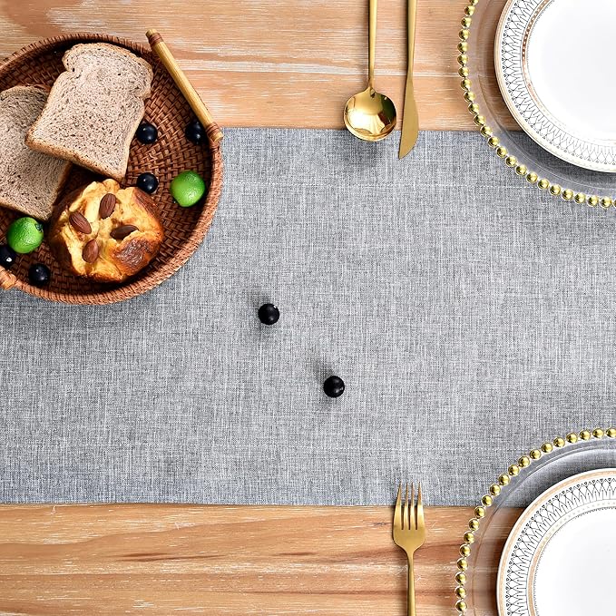 NEWISHER Farmhouse Rustic Table Runner Solid Grey Rectangular Table Runners Faux Linen Table Runner for Everyday Use Kitchen Dining Party Table 13x60 Inch