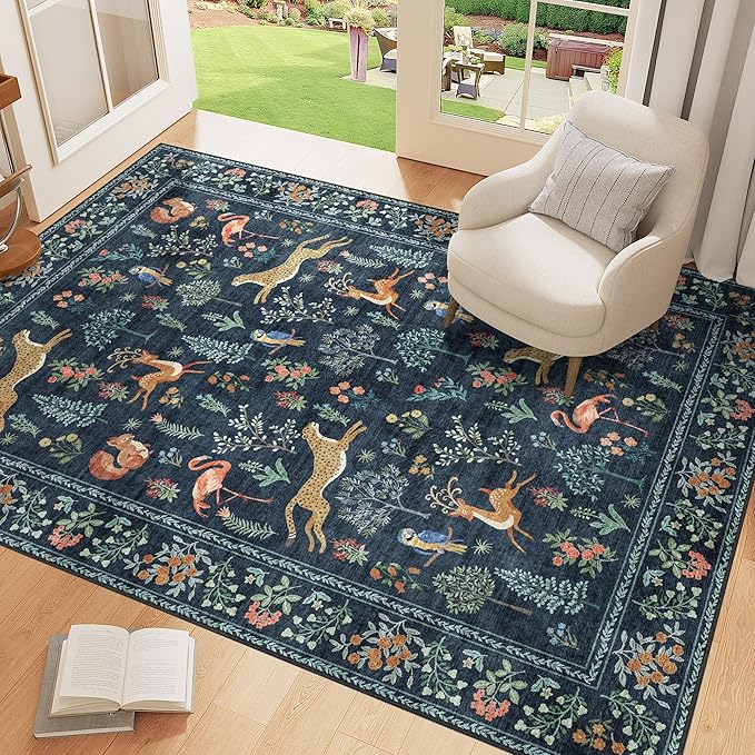 DUKINO 3x5 Rug, Washable Animal Area Rug with Non Slip Vintage Design, Indoor Soft Low Pile Carpet for Bedroom, Nursery, Dining Room, Farmhouse, Playroom, Navy Blue