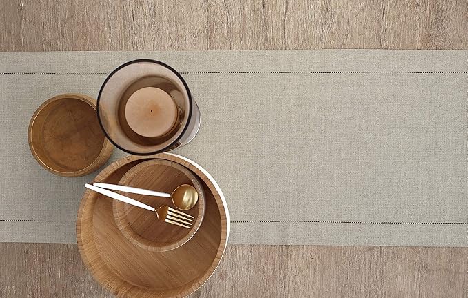 Solino Home Linen Natural Table Runner 132 Inches Long - 100% Pure Linen Extra Long Table Runner 14 x 132 Inch for Christmas, New Year - Classic Hemstitch
