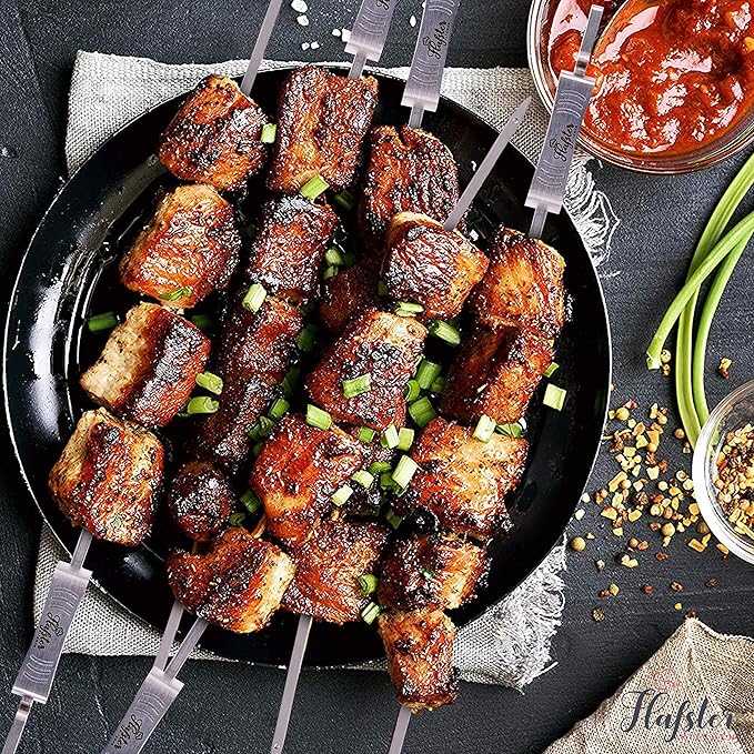 "FLAFSTER KITCHEN BBQ Skewers for Grilling - 16" Stainless Steel Flat Kebab Sticks with Push Bar, Reusable Metal Shish Kabob Skewers, Set of 6"